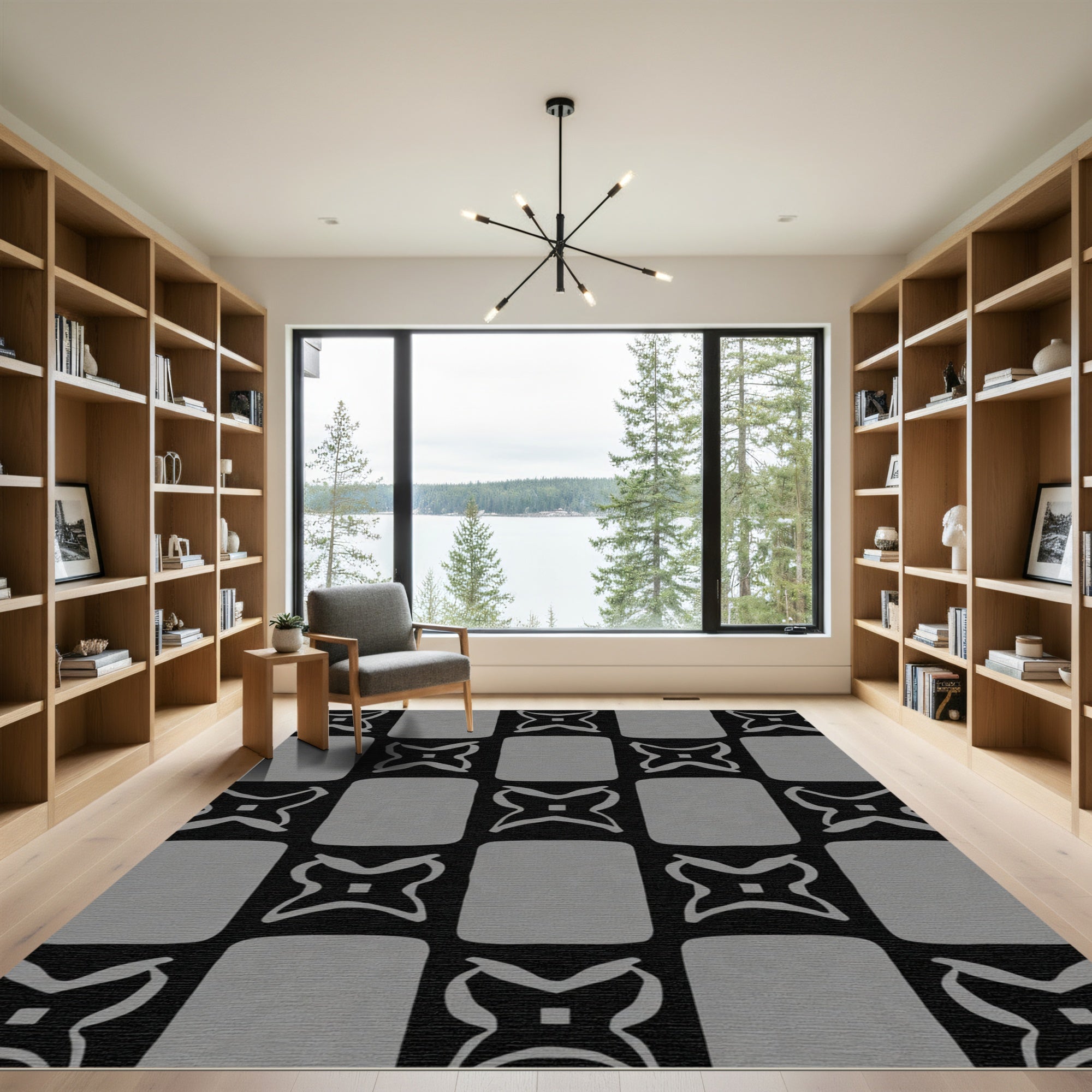 Monochrome Interlocking Square Motif Rug