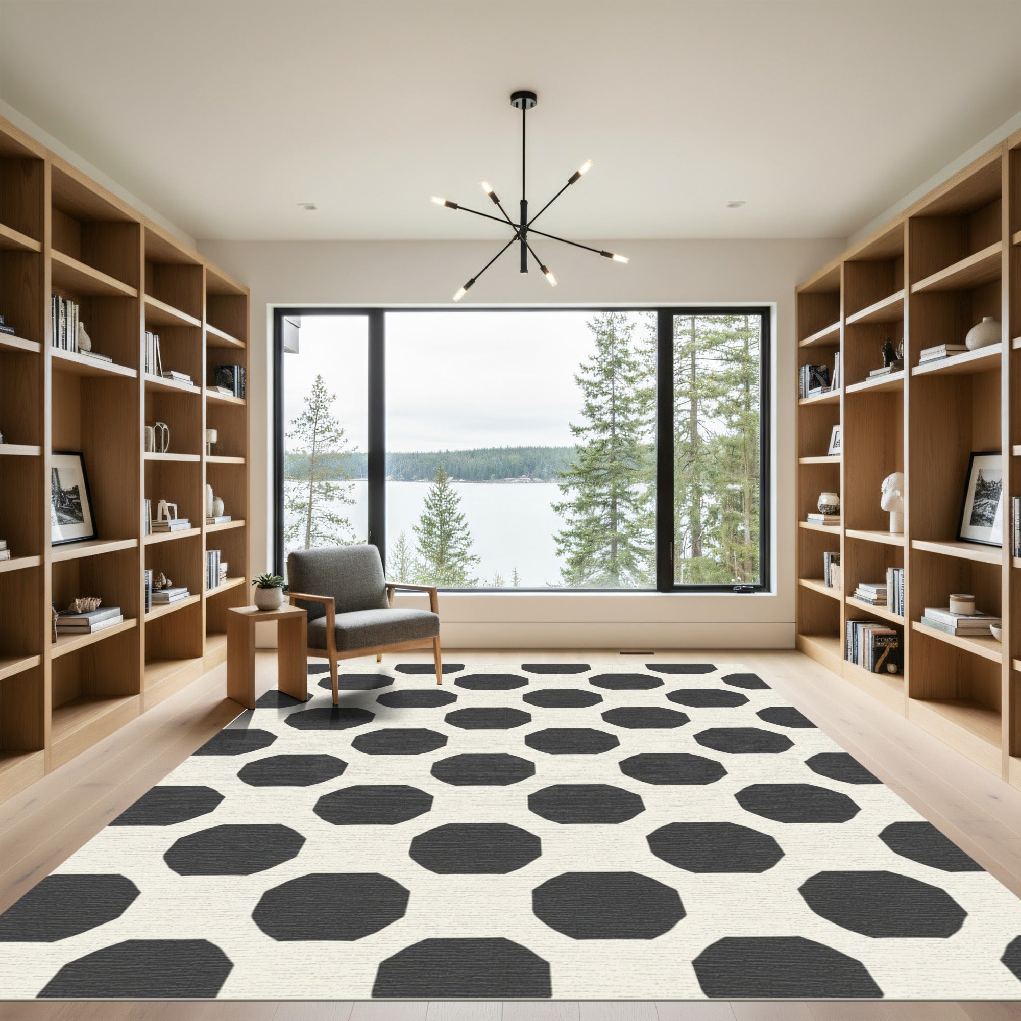 Cream And Black Octagon Grid Rug