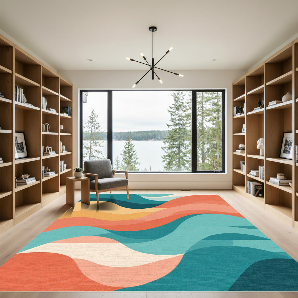 Coral Teal Abstract Wave Landscape Rug