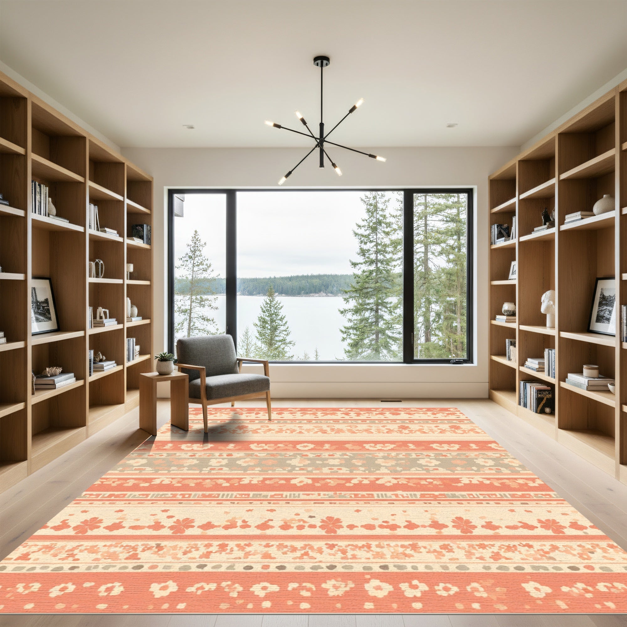 Coral And Cream Floral Stripe Collage Rug