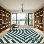 Navy Cream Diagonal Stripe Floral Rug