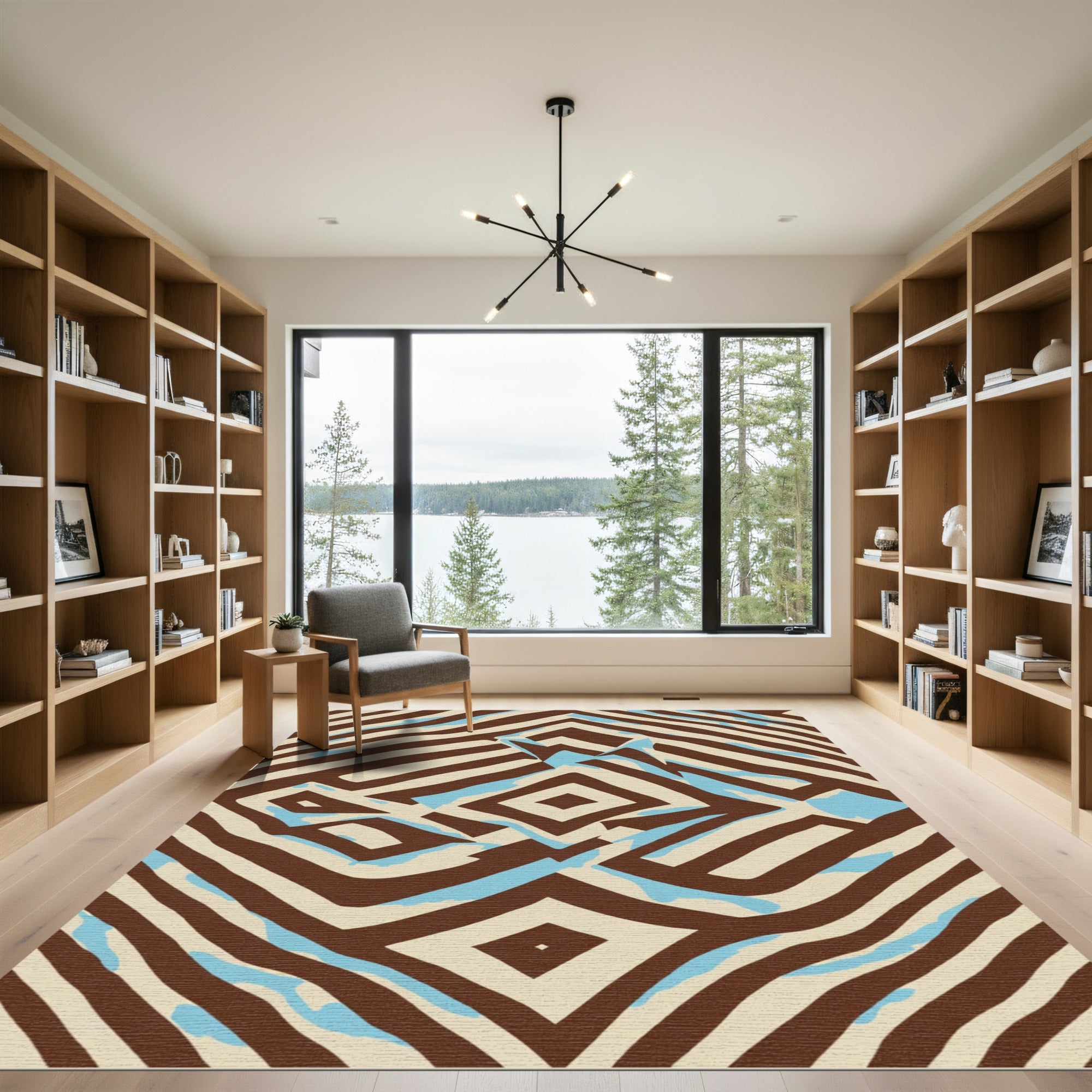 Brown Cream Blue Abstract Diamond Rug