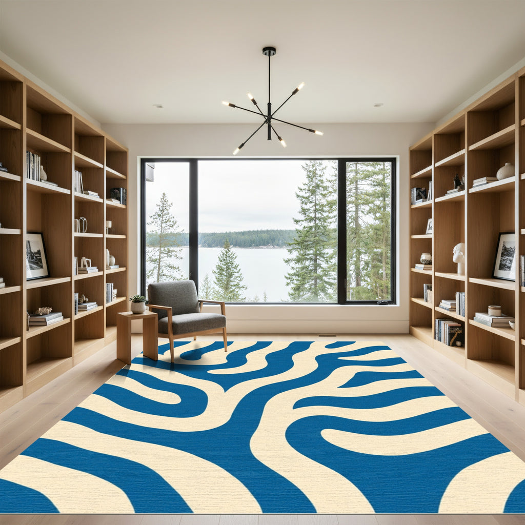 Navy Cream Abstract Wavy Stripes Rug