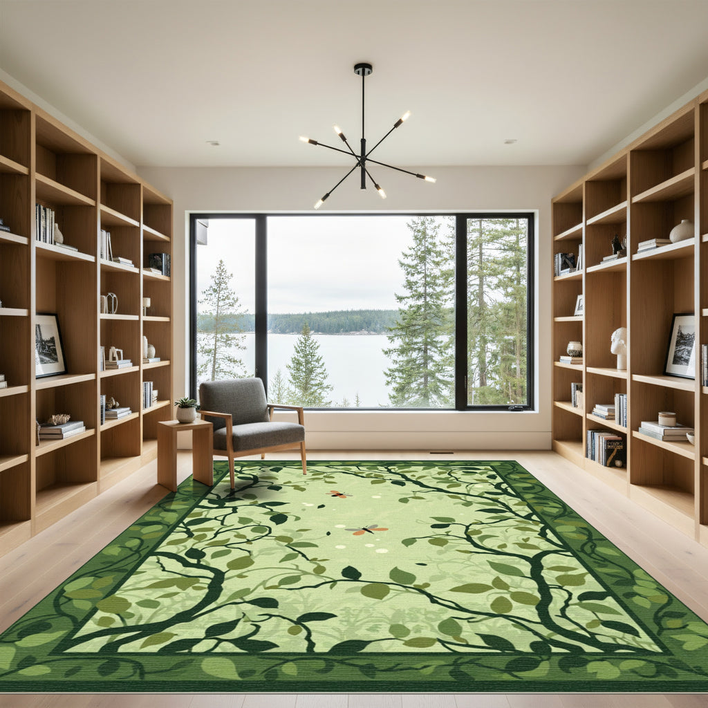 Whimsical Green Forest Butterfly Garden Rug