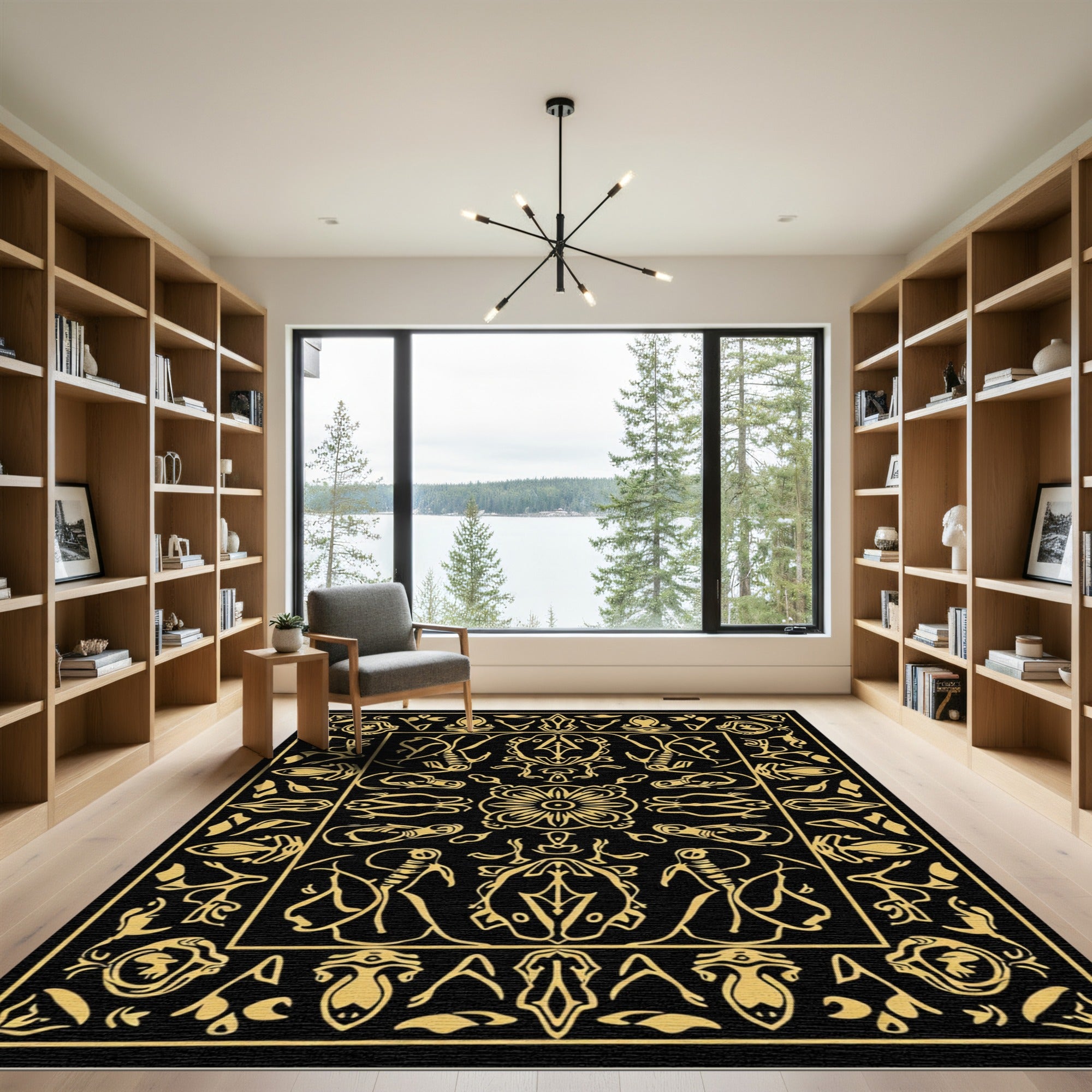 Black Gold Art Nouveau Floral Geometric Rug