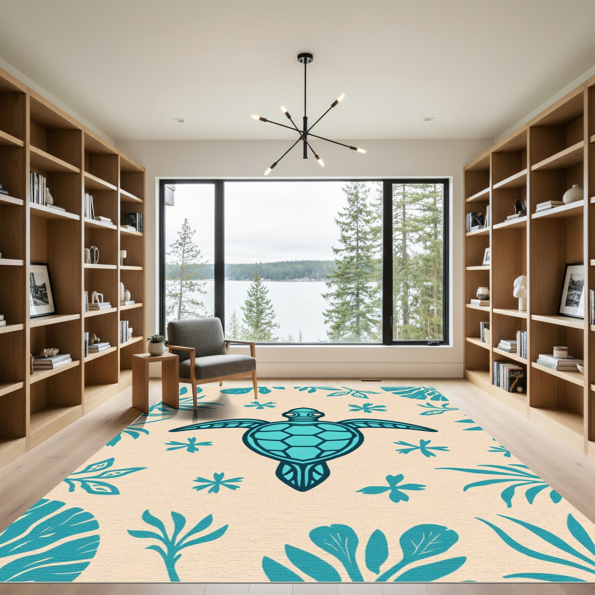 Turquoise Turtle Tropical Foliage Cream Rug