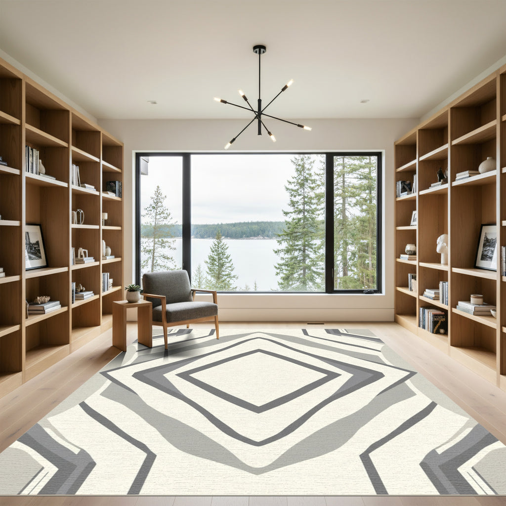Cream and Gray Geometric Diamond Symmetry Rug