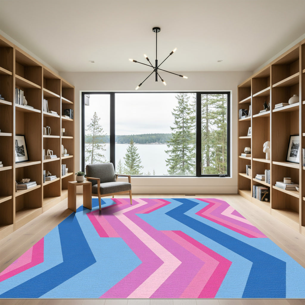 Geometric Chevron Pink Blue Lines Rug