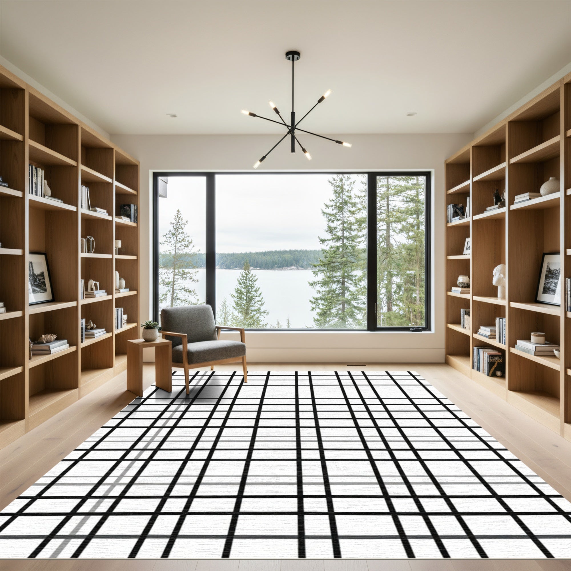 Classic Black White Grid Lines Rug