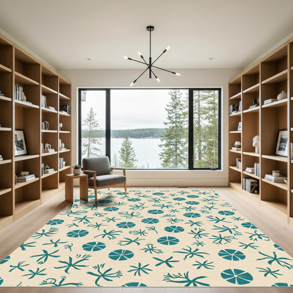 Teal Starfish and Circles on Cream Rug