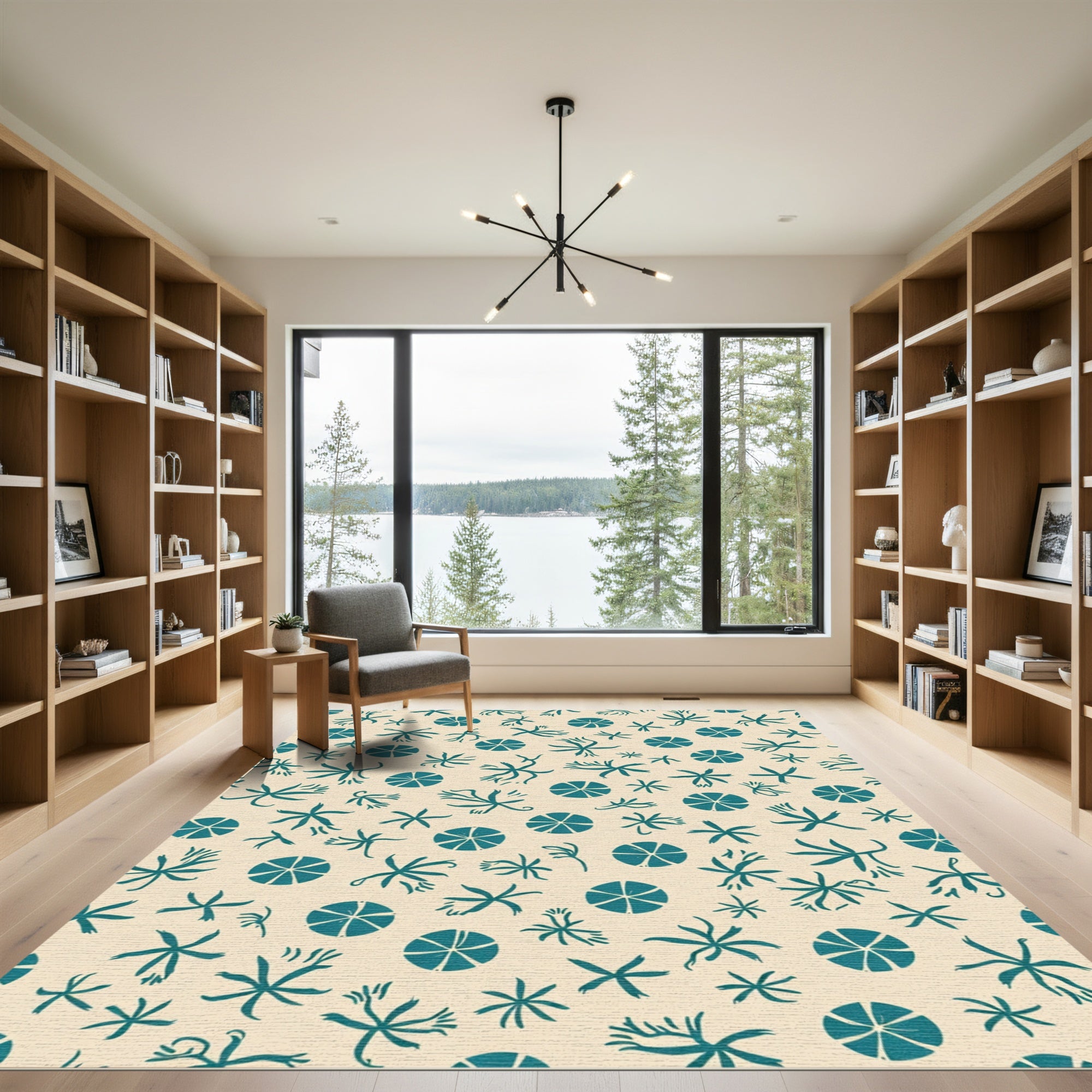 Teal Starfish and Circles on Cream Rug