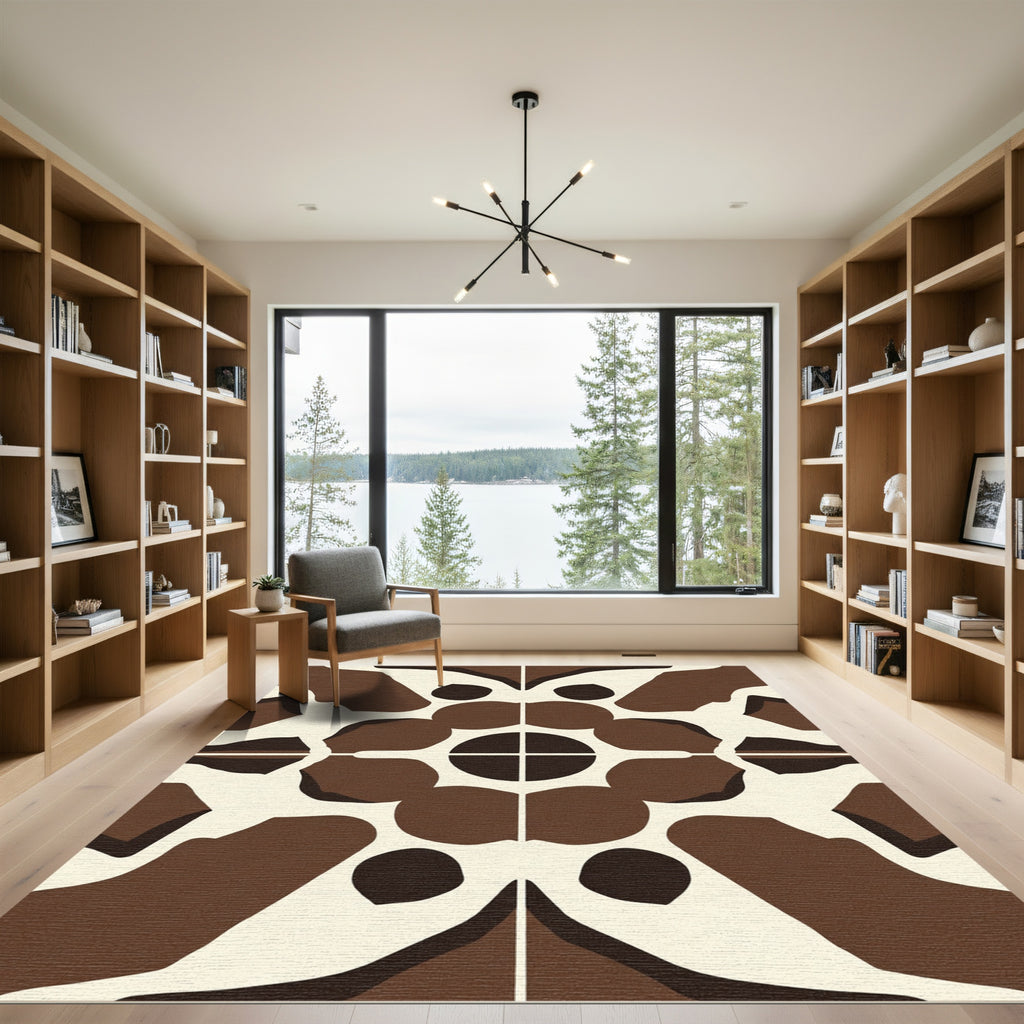 Brown Cream Abstract Geometric Symmetry Rug