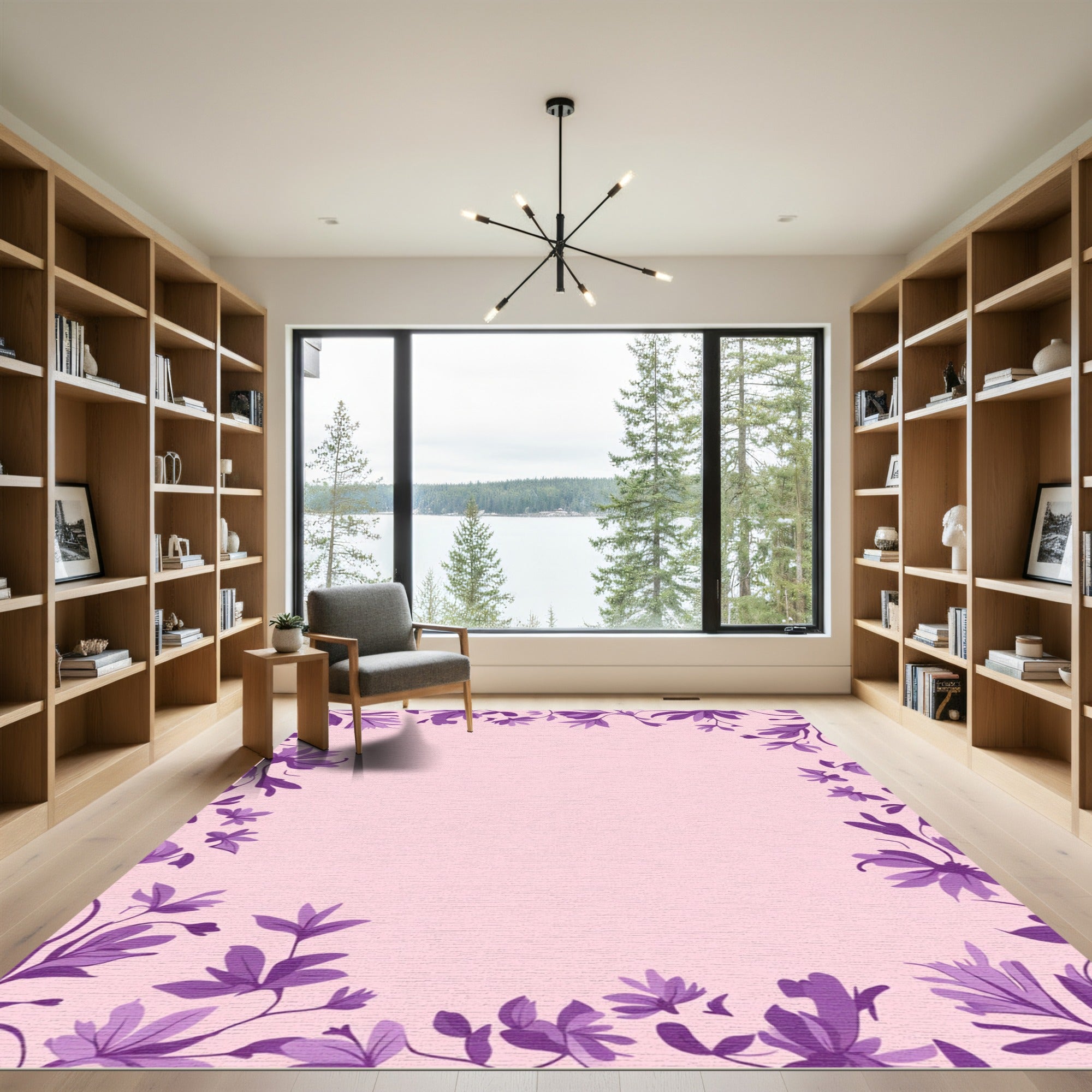 Purple Floral Vines Soft Pink Border Rug