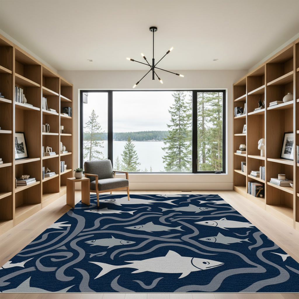 Navy Blue Schooling Fish Swirl Rug