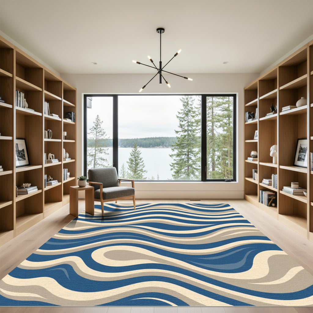 Deep Blue Beige Swirling Lines Rug