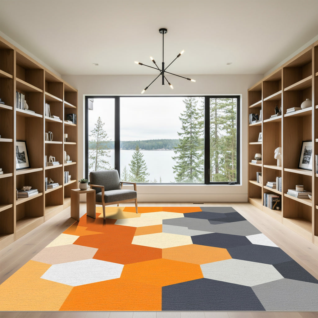 Modern Orange Grey Hexagon Rug