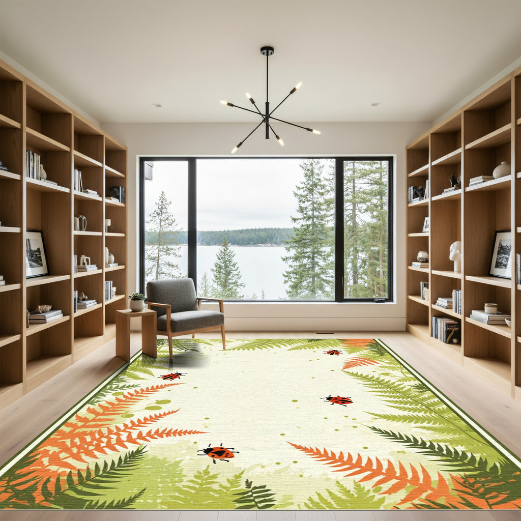 Whimsical ladybugs within green ferns Rug
