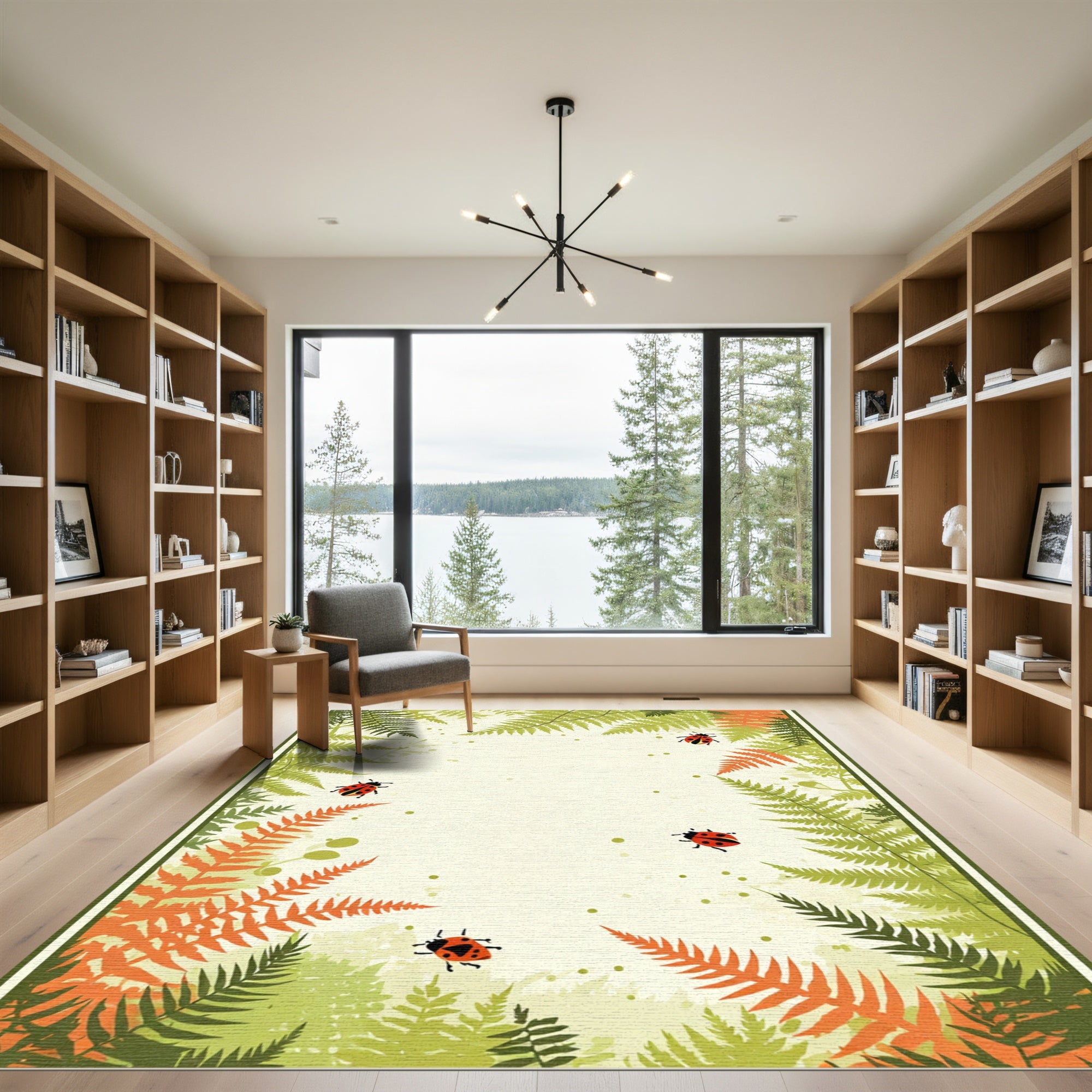 Whimsical ladybugs within green ferns Rug