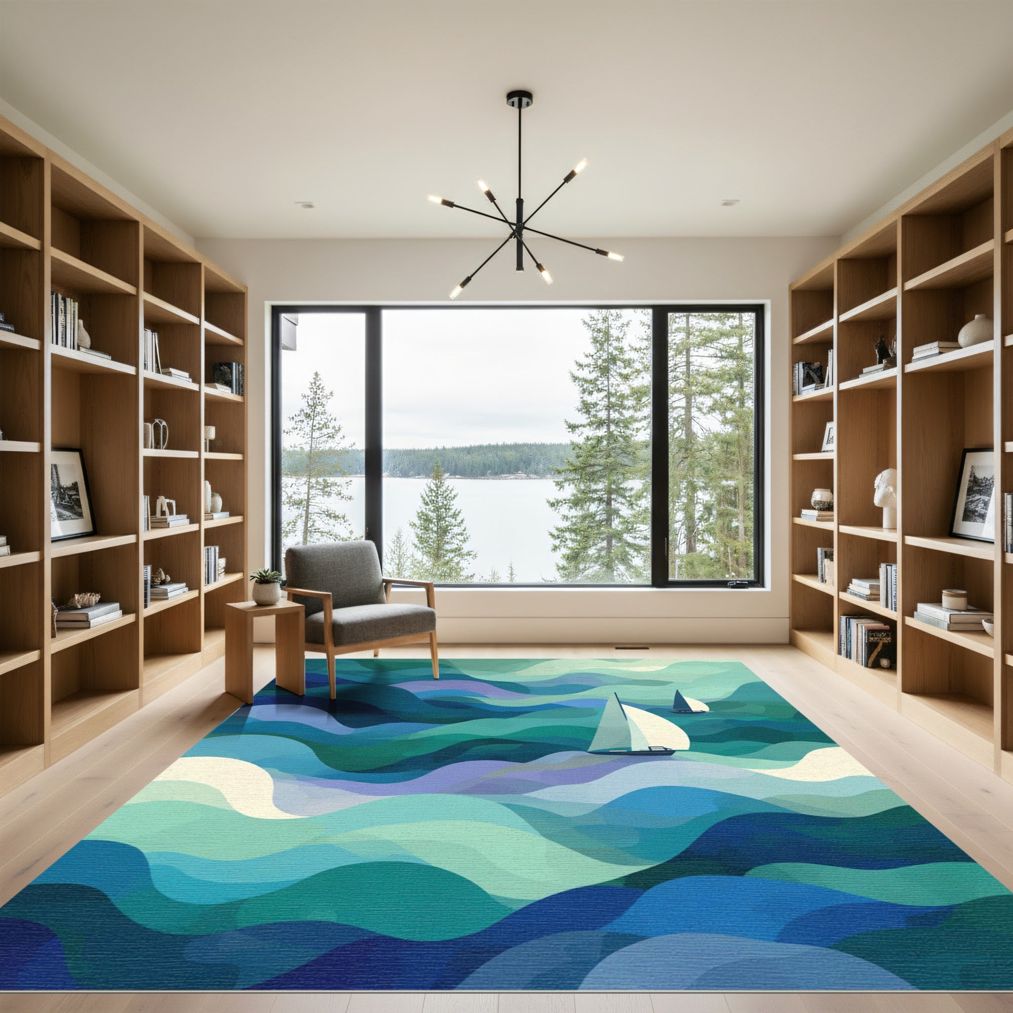 Oceanic Abstract Sailboats Blue Waves Rug