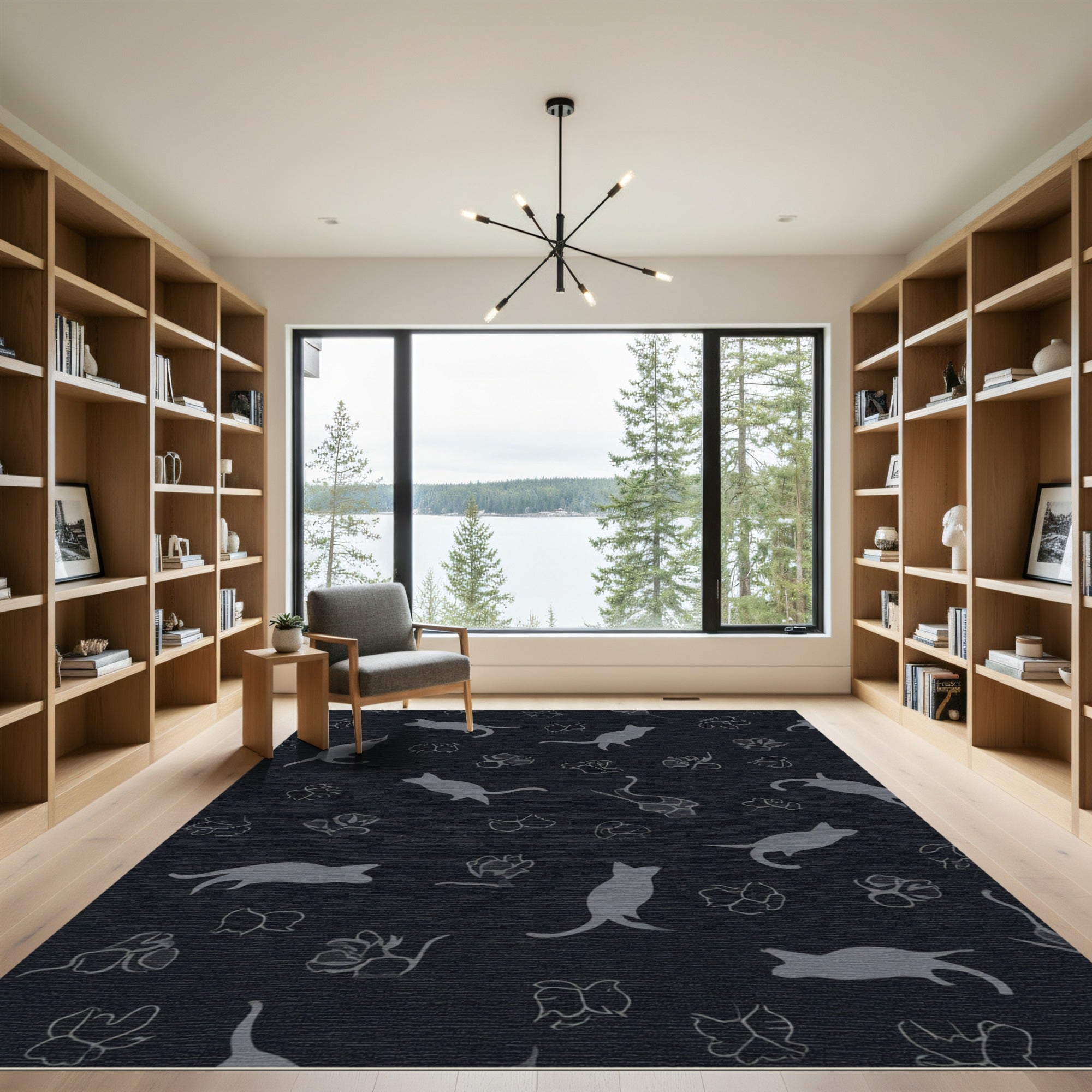 Gray Silhouette Cat Floral Collection Rug