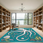 Whimsical White Octopus Seashells Teal Rug