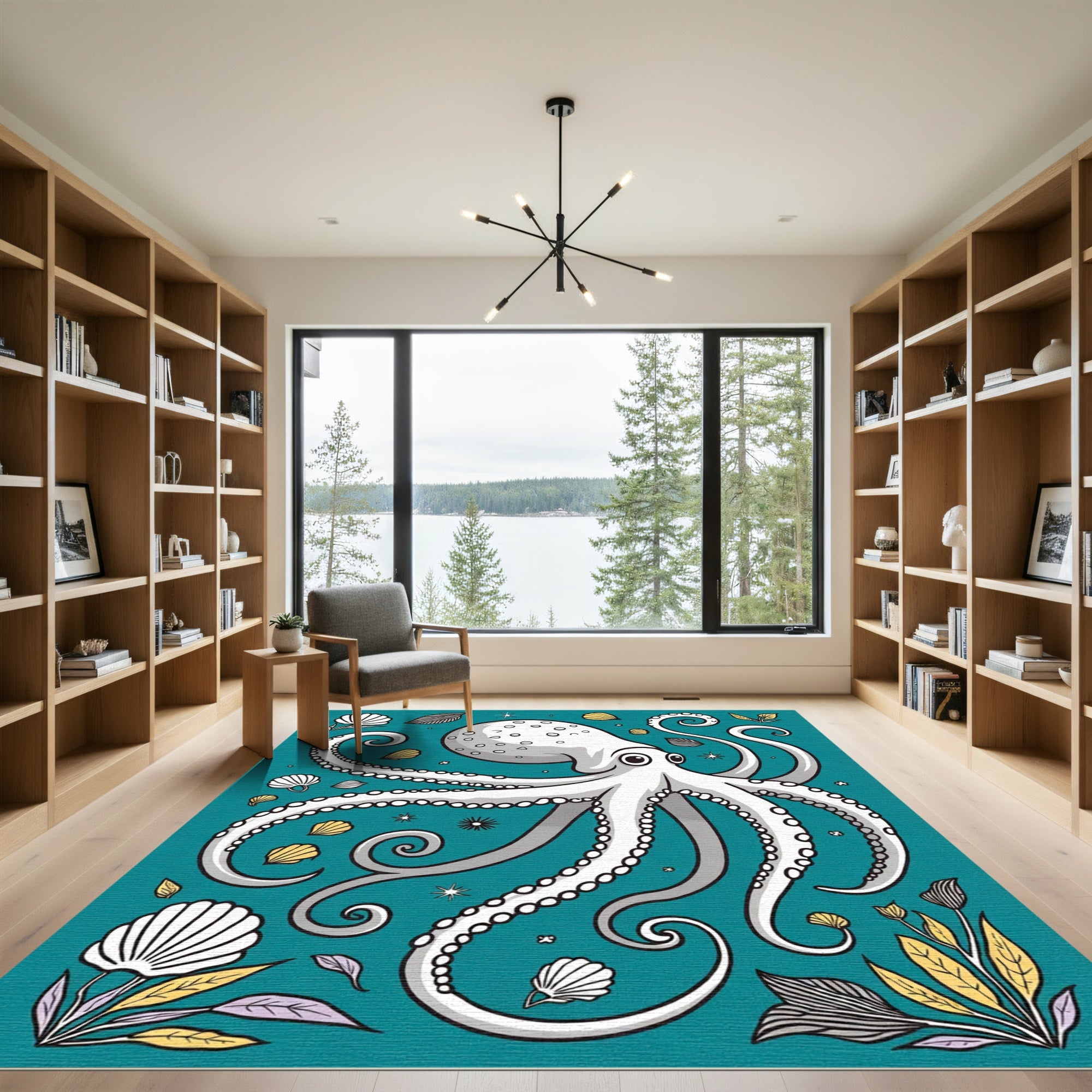 Whimsical White Octopus Seashells Teal Rug