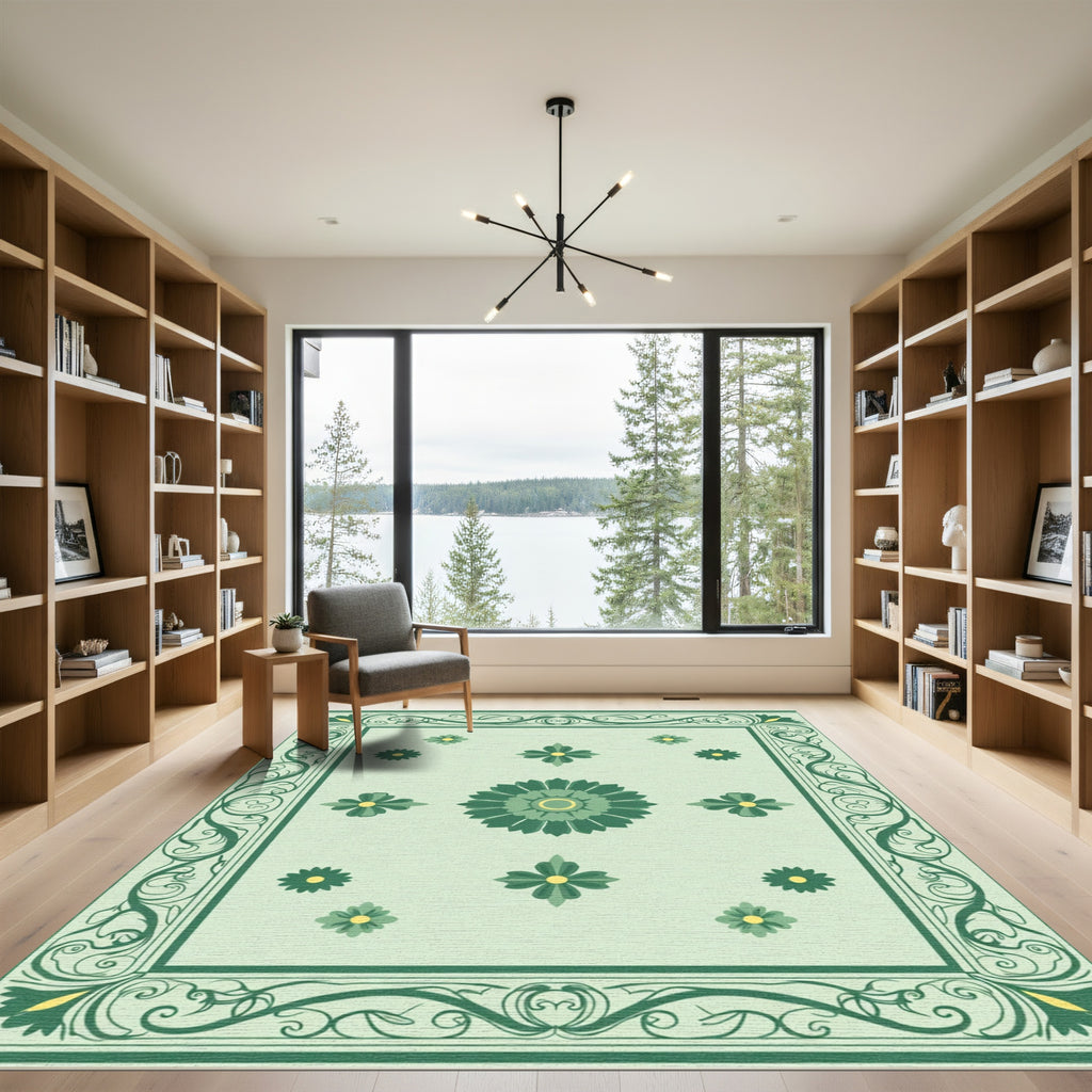 Pale Green Floral Medallion Border Rug