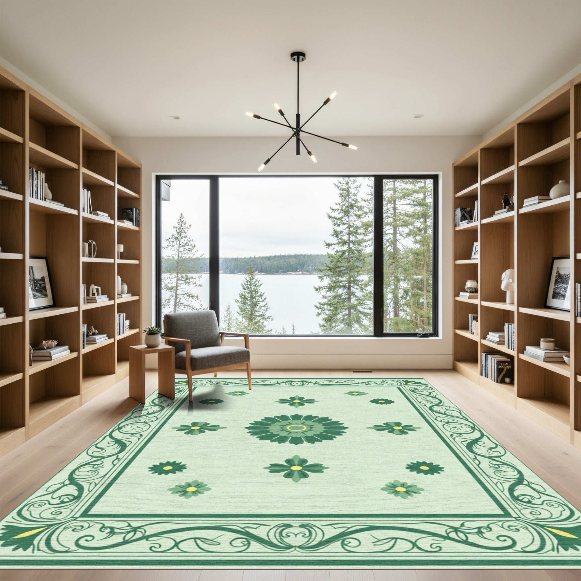 Pale Green Floral Medallion Border Rug