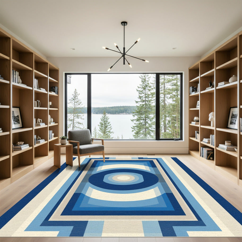 Retro Blue Geometric Concentric Circles Rug