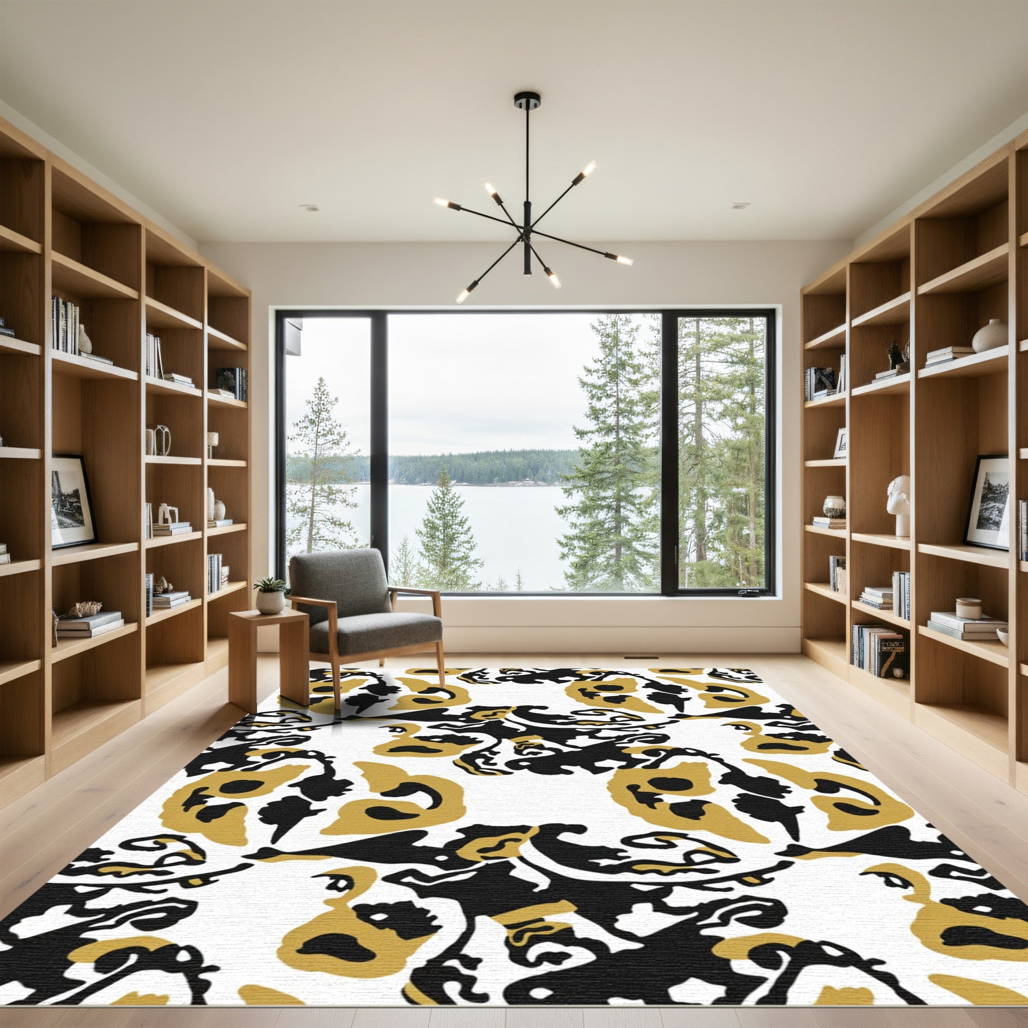Abstract Black Gold Clouded Shapes Rug