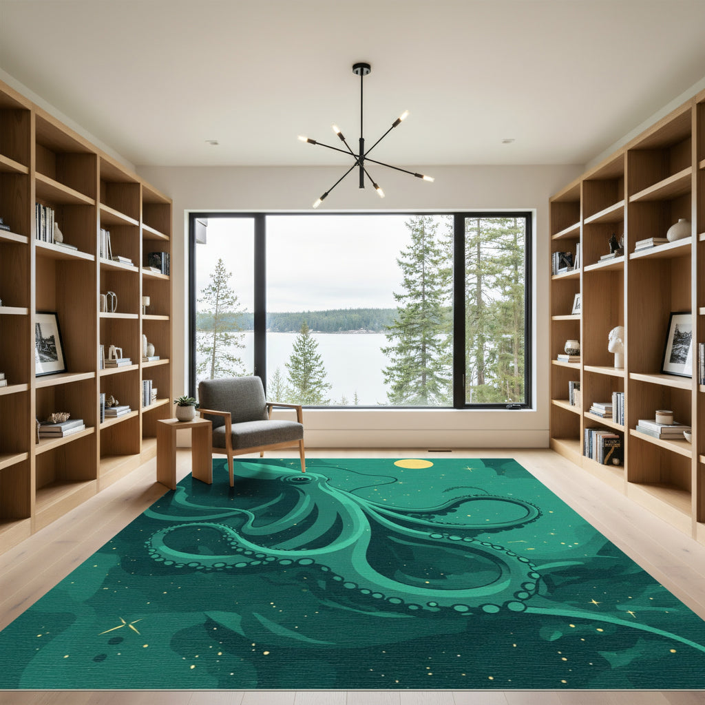Mysterious Teal Octopus Stars Rug