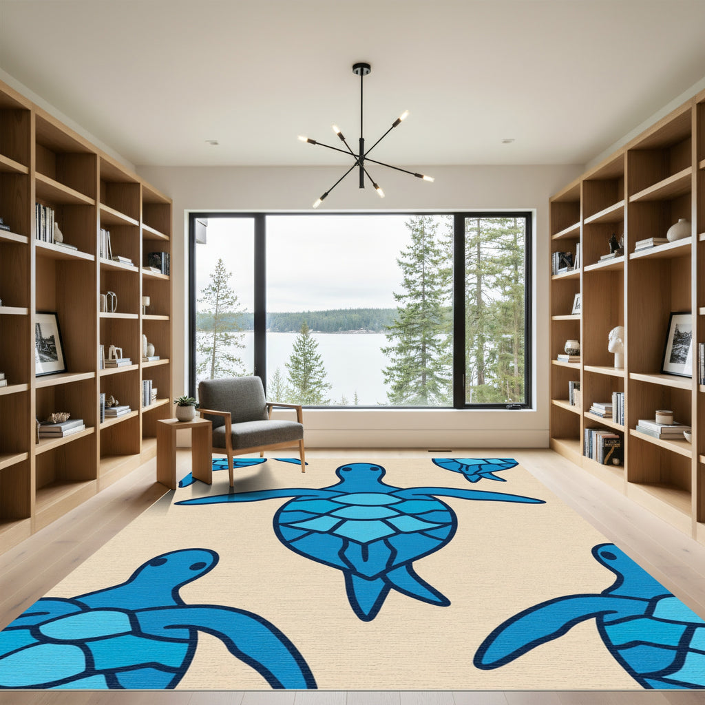 Ocean Blue Sea Turtle Geometric Repeat Rug