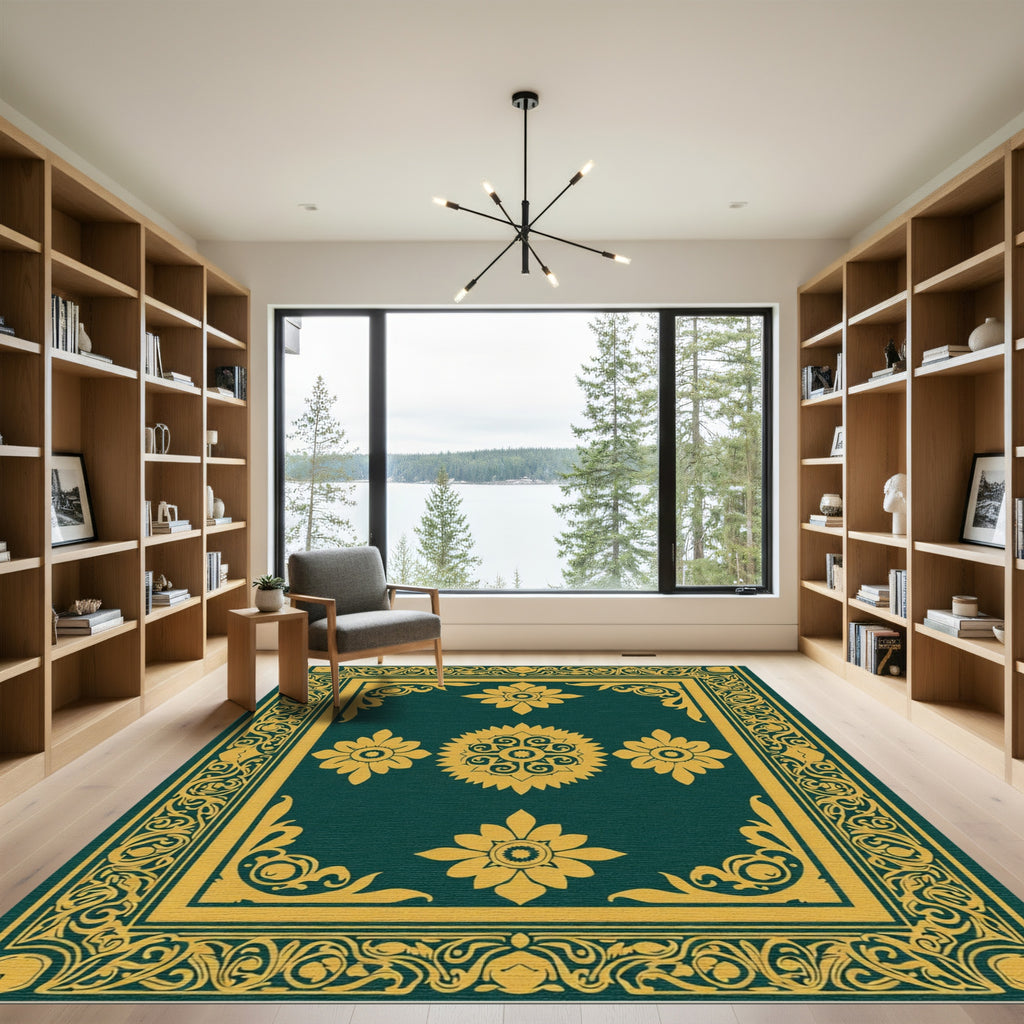 Emerald Gold Floral Medallion Border Rug