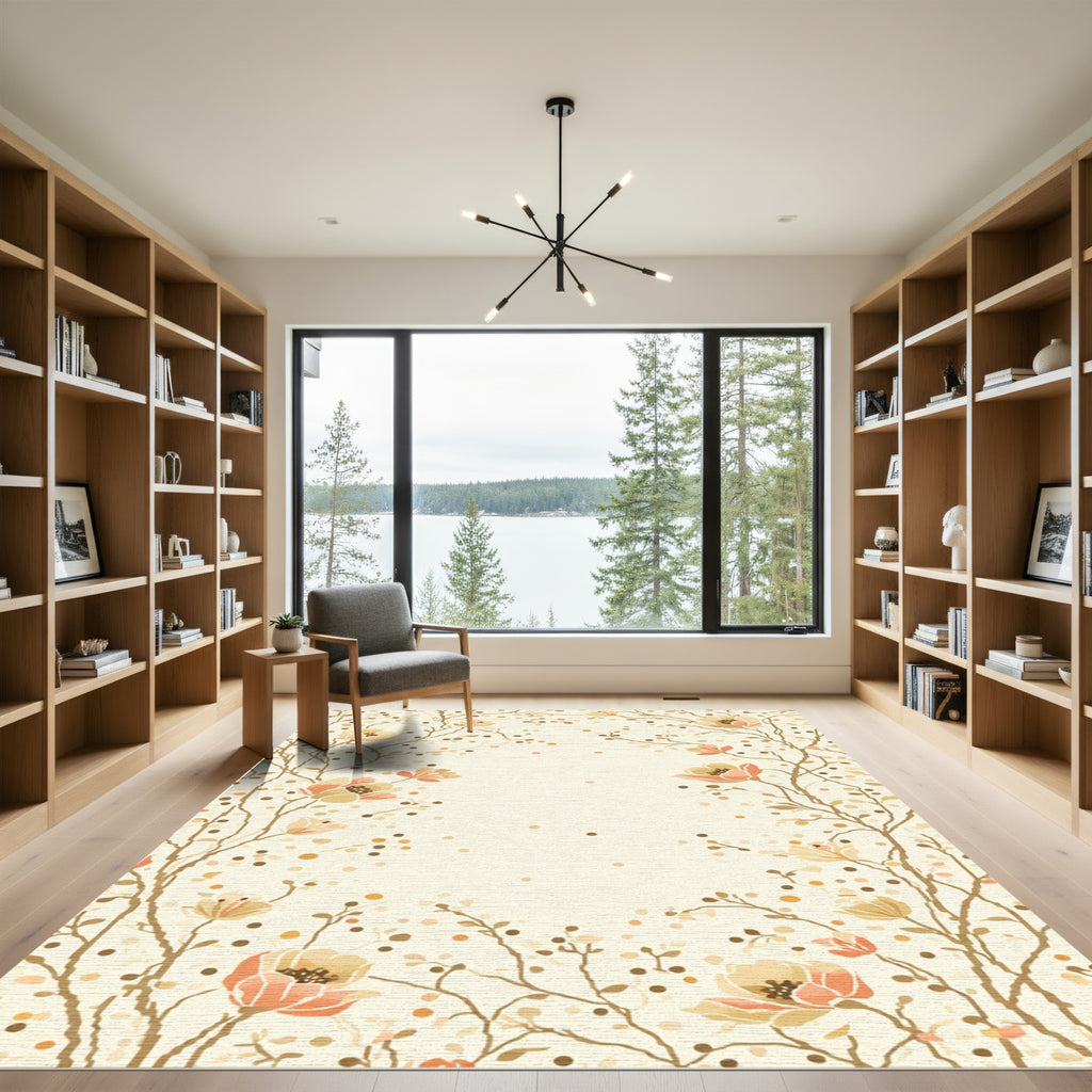 Earthy Blossom Branch Dot Border Rug