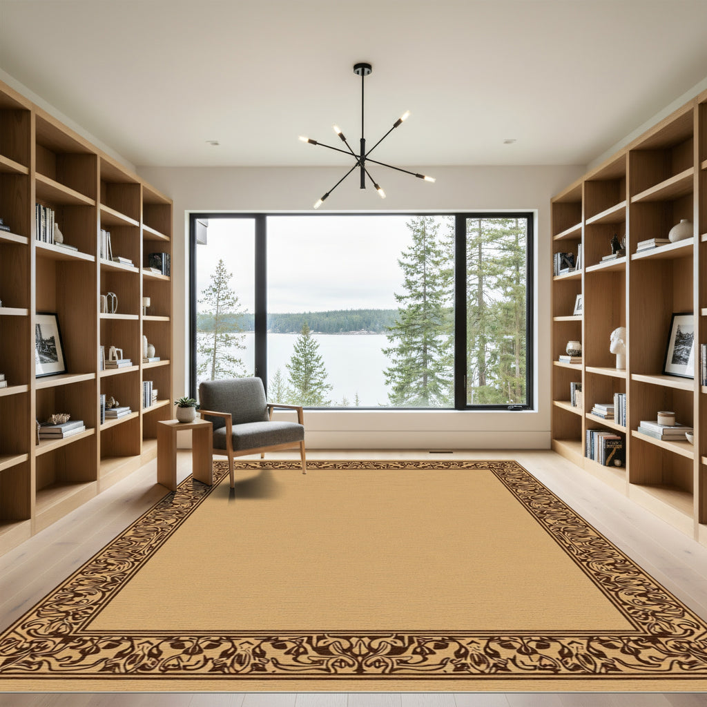 Oriental Ochre Floral Scrollwork Border Rug