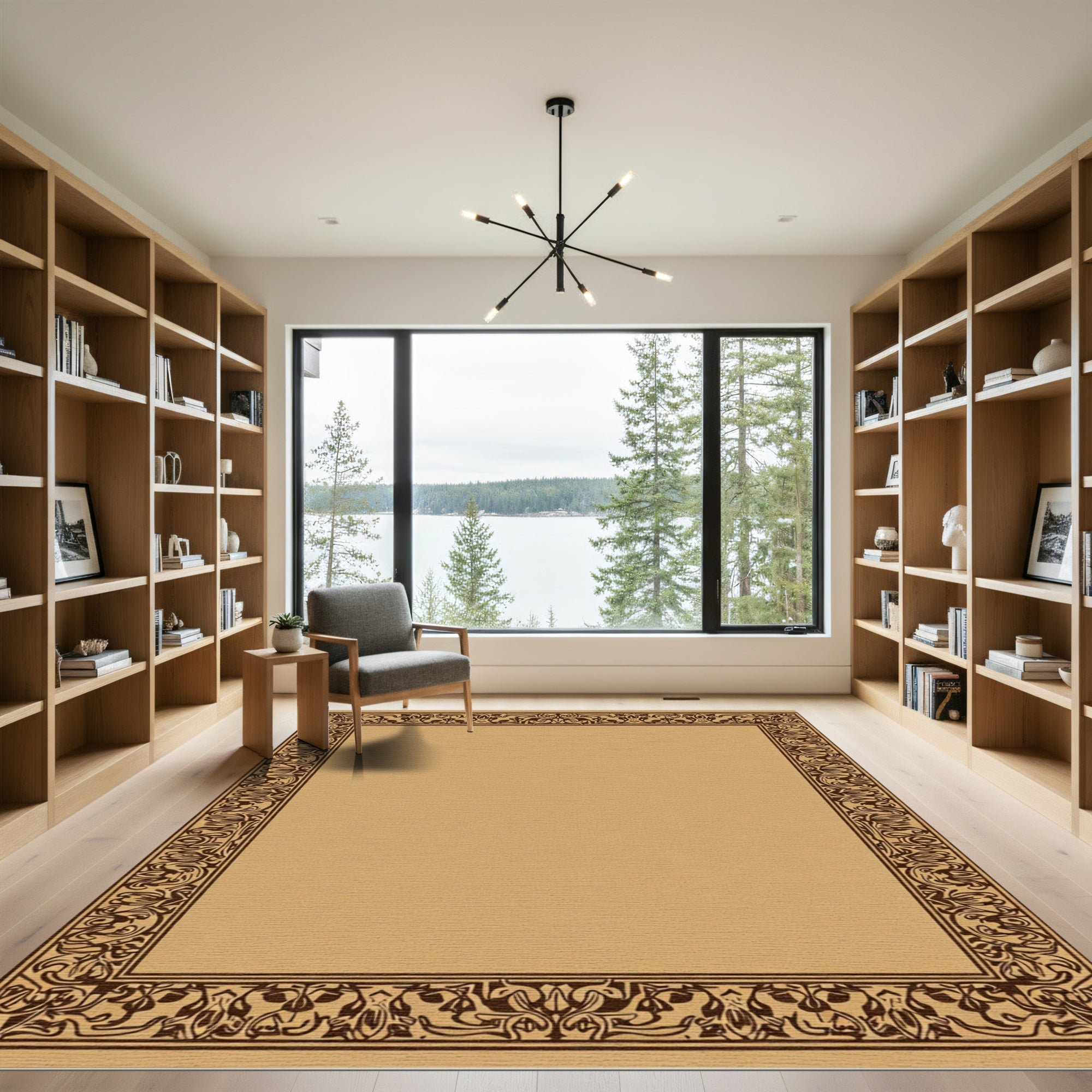Oriental Ochre Floral Scrollwork Border Rug