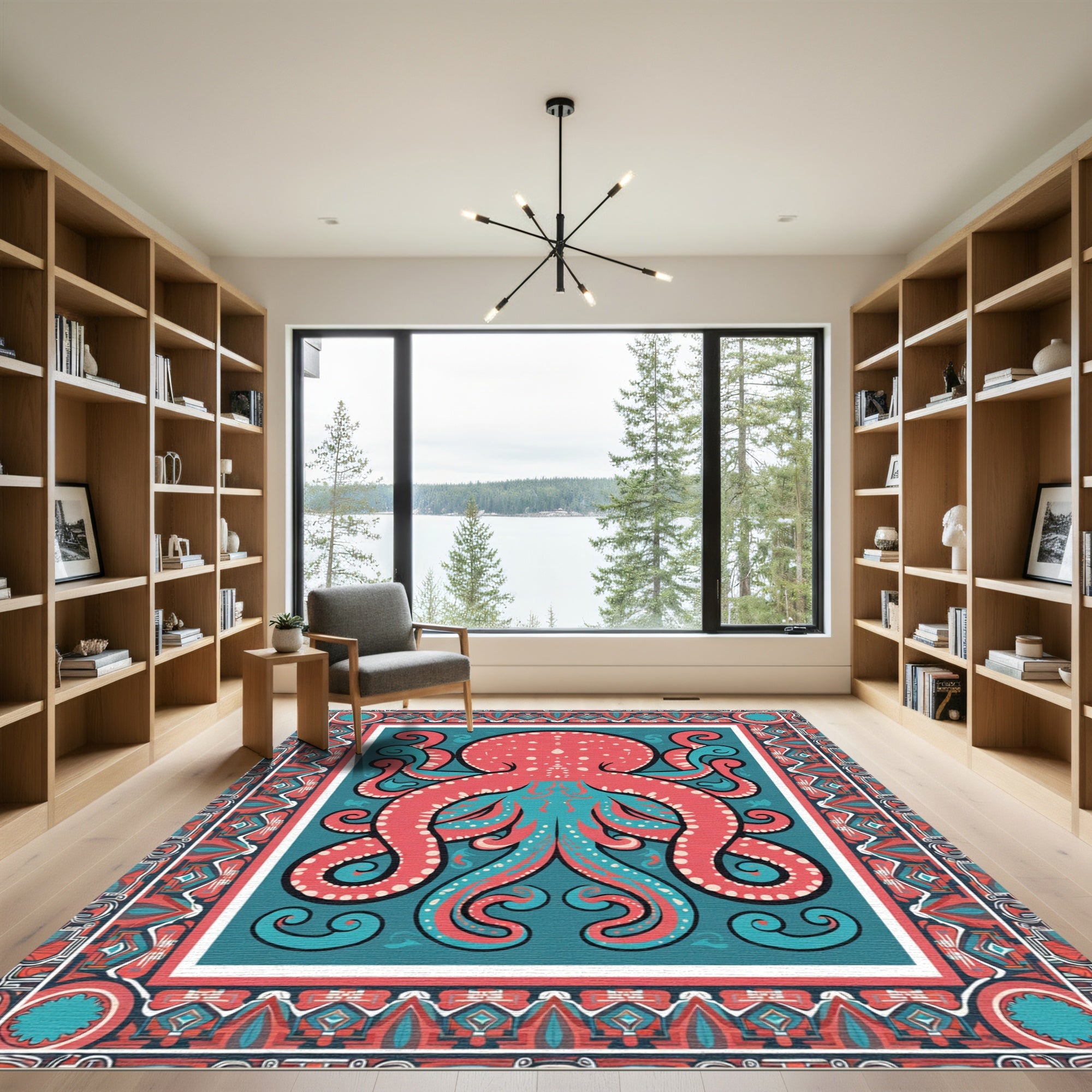 Coral Teal Vintage Octopus Border Rug