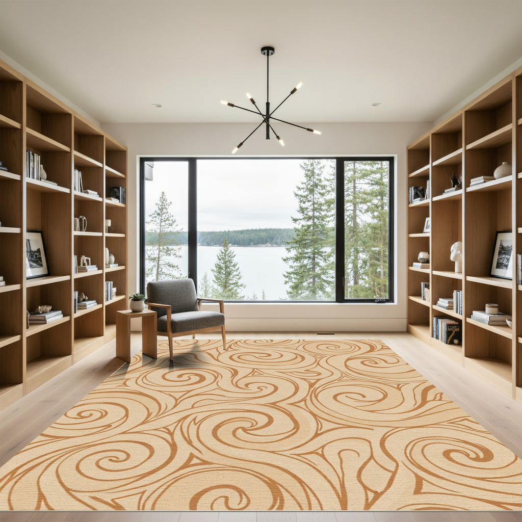 Cream Swirling Brown Abstract Movement Rug