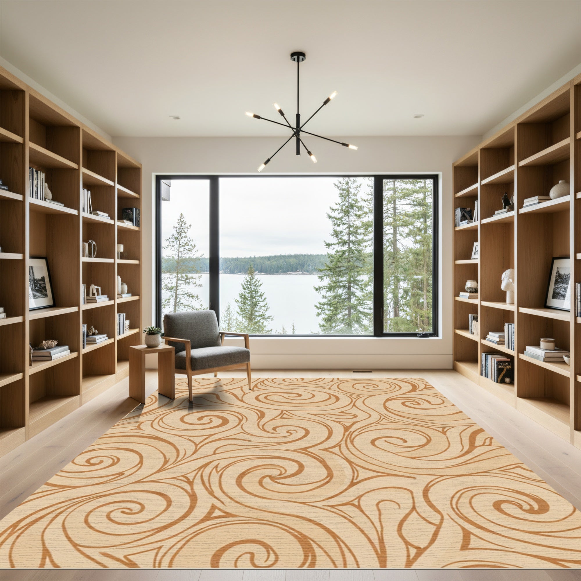 Cream Swirling Brown Abstract Movement Rug
