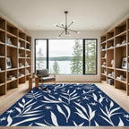White leaves against midnight blue ground Rug