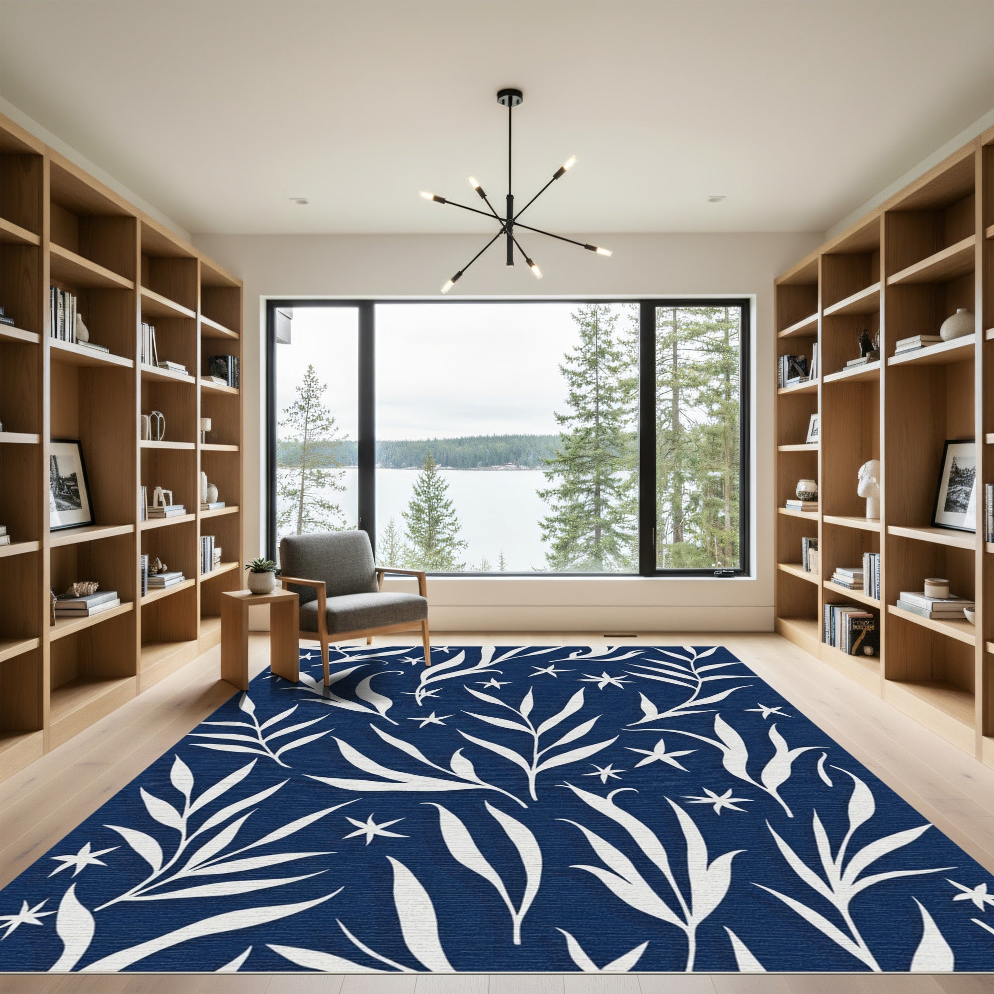 White leaves against midnight blue ground Rug
