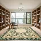 Cream Green Floral Vines Border Rug
