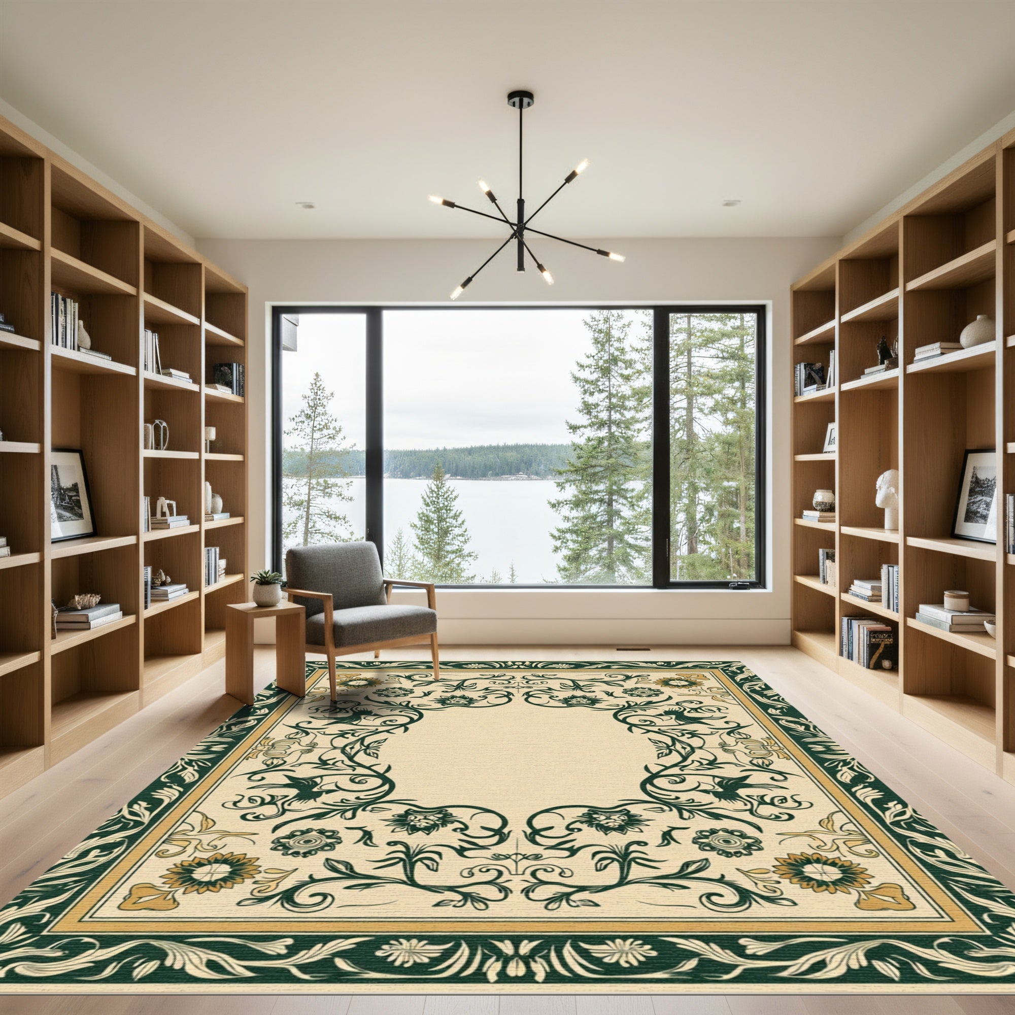 Cream Green Floral Vines Border Rug