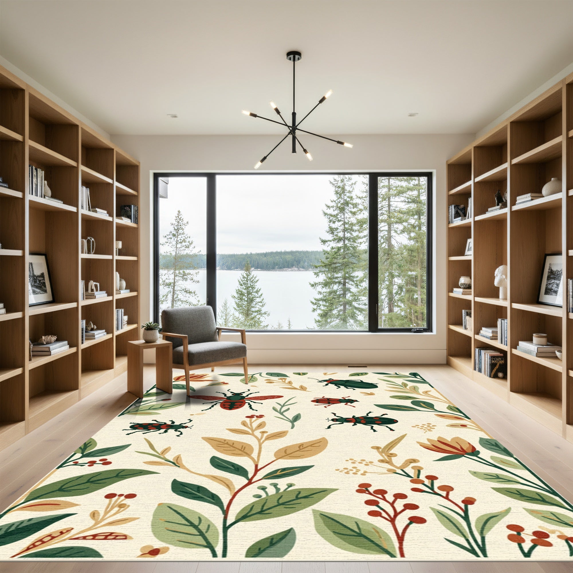 Botanical Insects Red Green Earthy Tones Rug