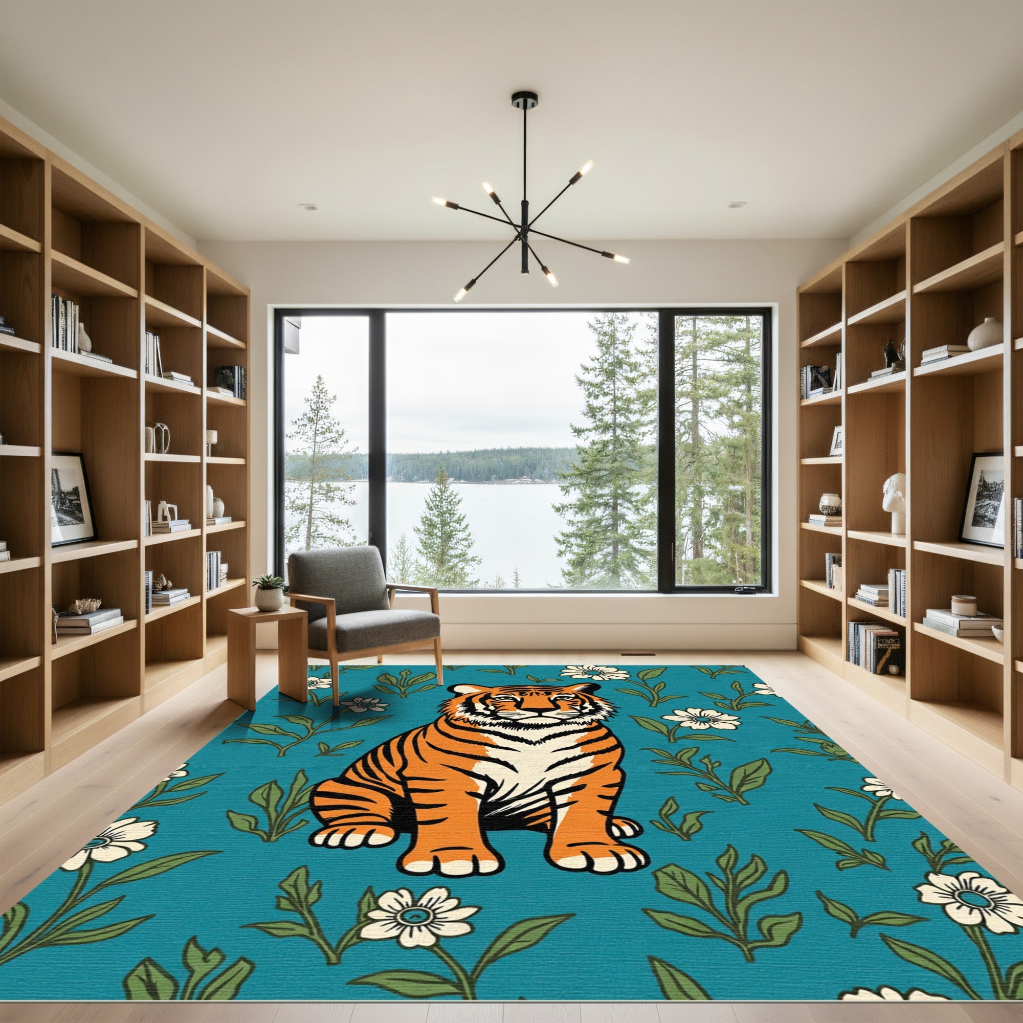 Orange Tiger White Flower Garden Rug