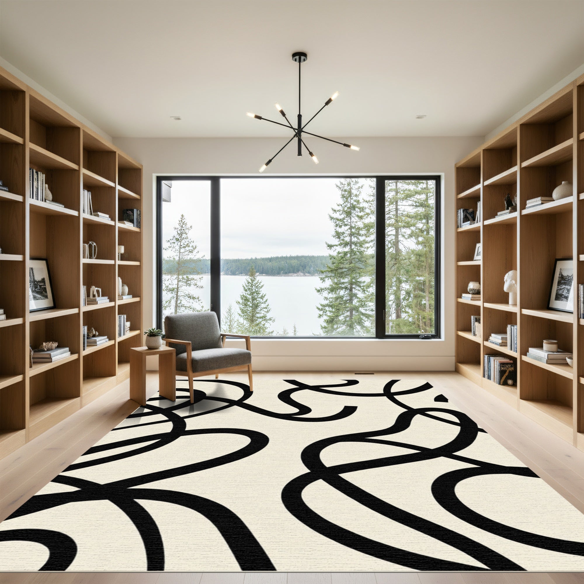 Modern Black Swirl Cream Rug