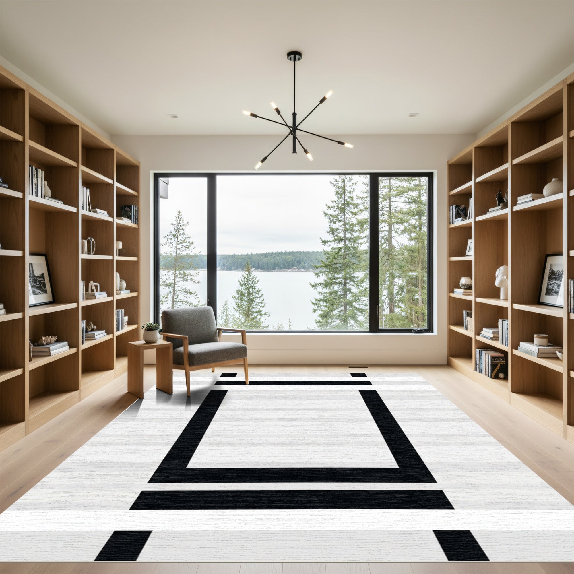 Monochrome Geometric Layered Square Rug