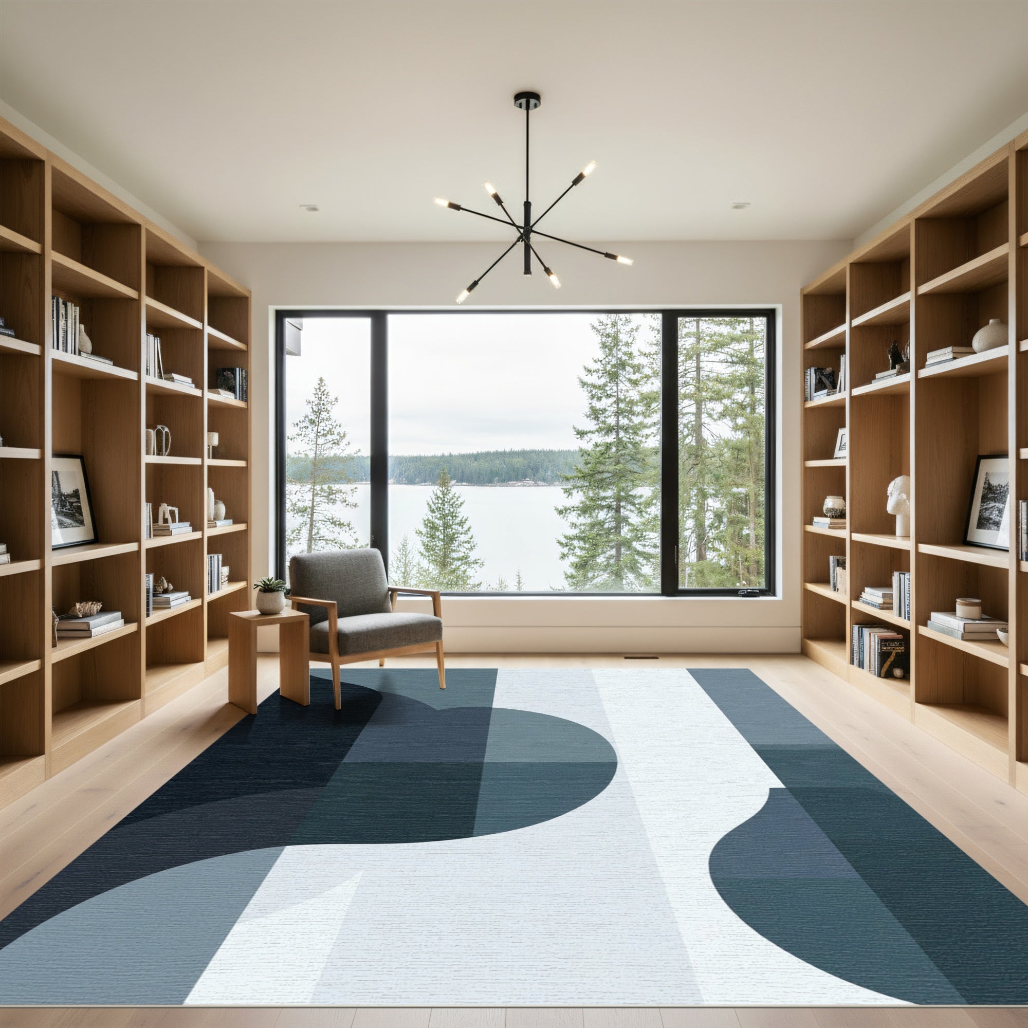 Deep Blue Geometric Flow Rug