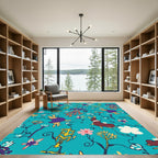 Whimsical Teal Floral Bunny Garden Rug