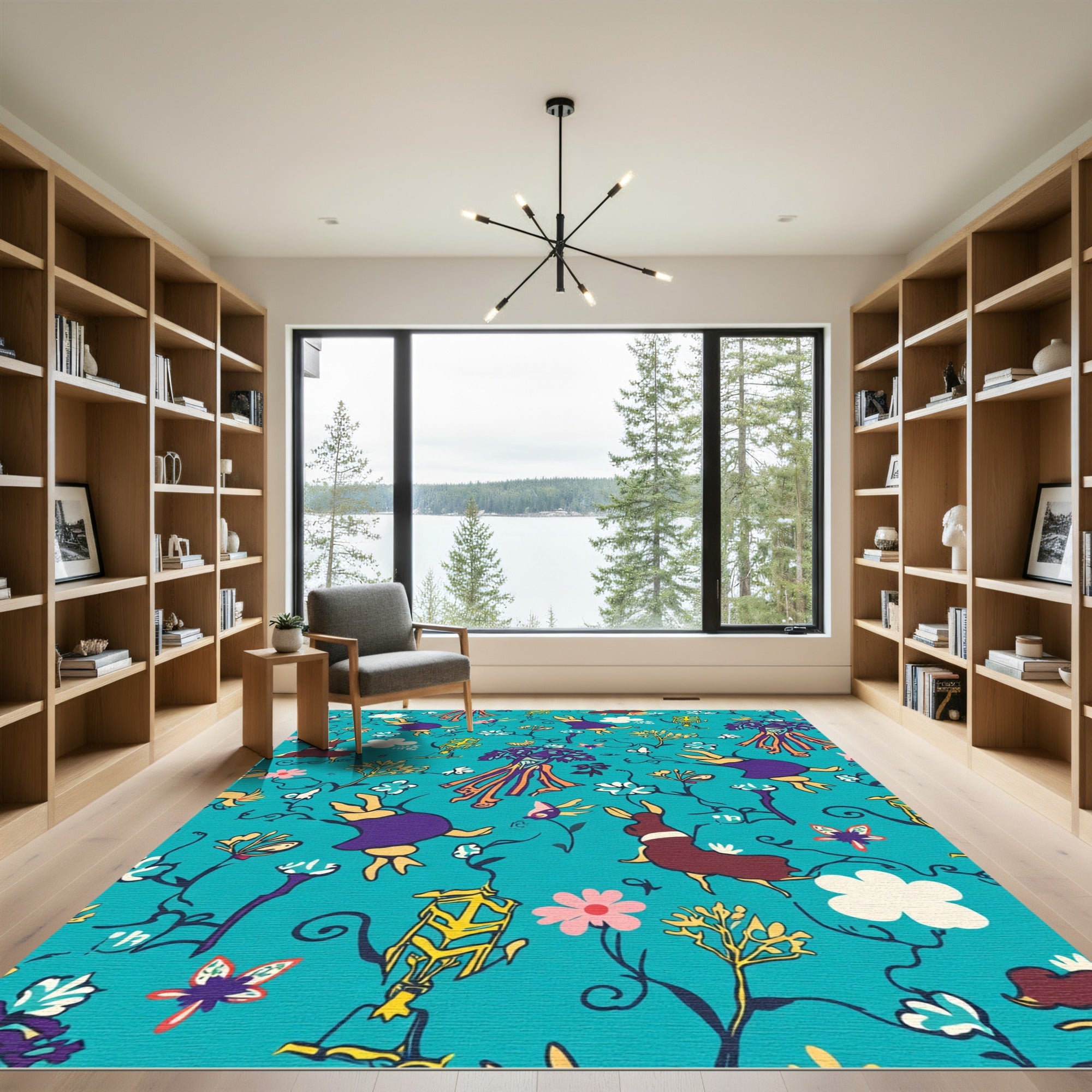 Whimsical Teal Floral Bunny Garden Rug